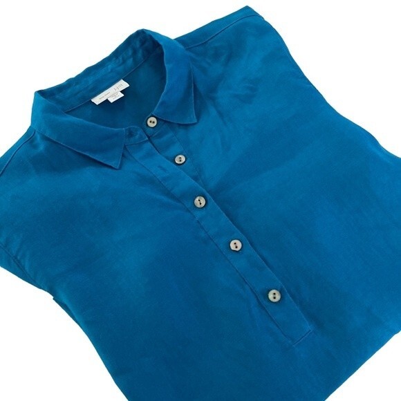 J Jill Love Linen Relaxed Tunic Top 3/4 Sleeve Popover Placket Collared High/Low - Picture 14 of 15